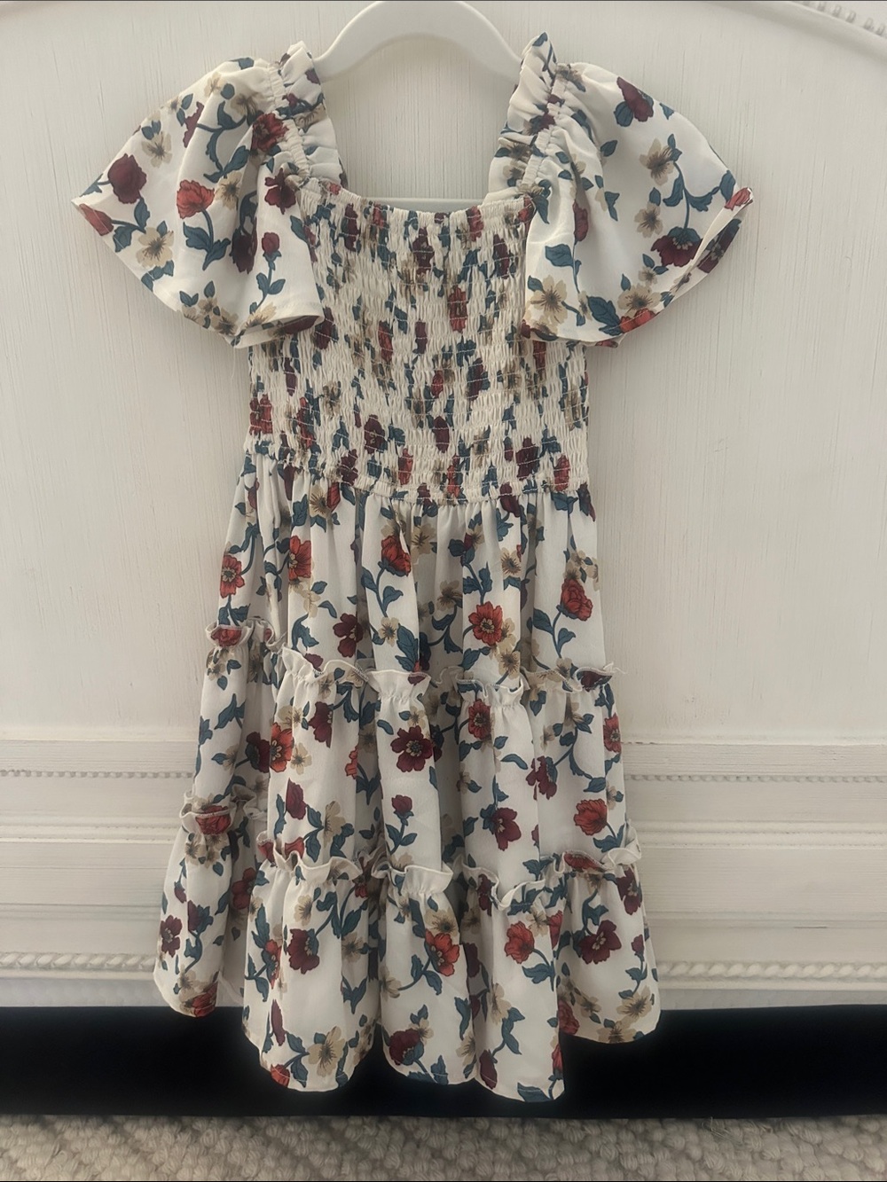 Mommy and me Girls Floral Ruffle Sundress - Ivory with Red & Teal Flowers